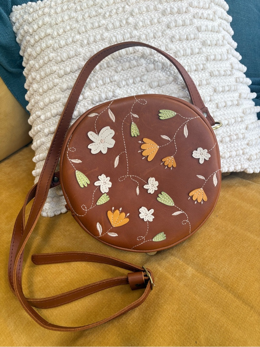 Portland Leather Large Circle Folklore on Honey Floral Leather Crossbody